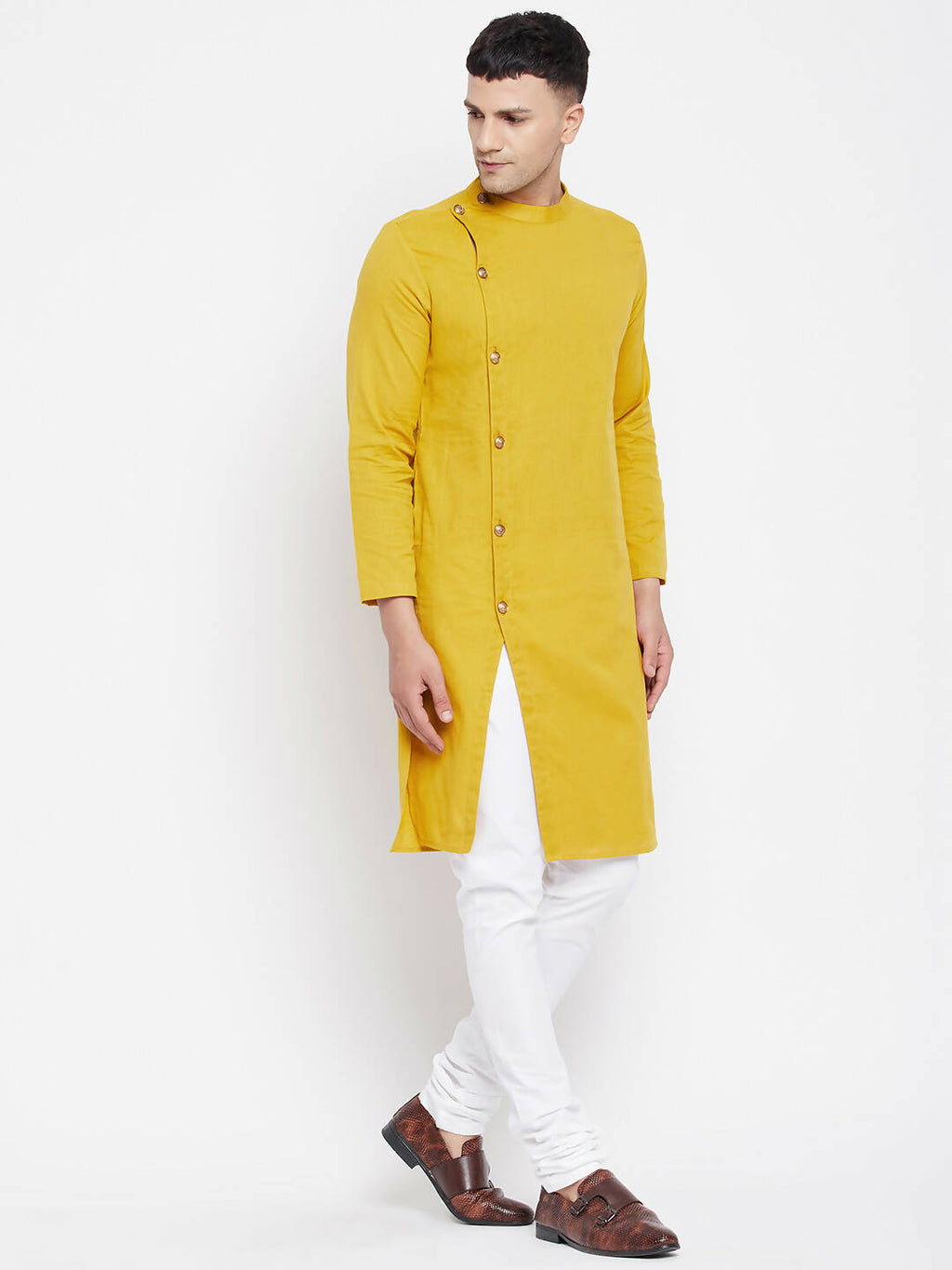 Even Apparels Yellow Pure Cotton Men's Sherwani Kurta With Asymetrical Cut | Grocsy