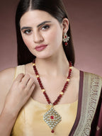 NVR Women's Red Kundan-Studded & Beaded Handcrafted Jewellery Set | Grocsy