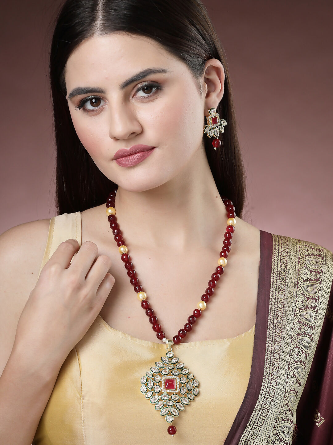 NVR Women's Red Kundan-Studded & Beaded Handcrafted Jewellery Set | Grocsy