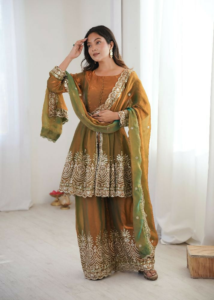 Teeya Creation Olive Color Fendy Satin Silk Embroidery Work Party Wear Salwar Suit | Grocsy