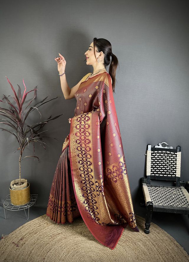Elora Wine Banarasi Soft Silk Checked Body With Floral Motifs South Pattu Saree | Grocsy