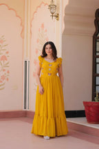Vastranavya Yellow Faux Blooming With Sequins Multithreaded Beads Embroidered work Gown | Grocsy