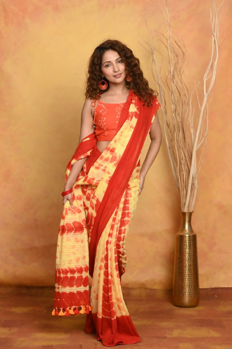 Very Much Indian Tie & Dye Handloom Mul Cotton Saree - Yellow Red | Grocsy