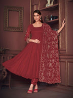 Jyoti Fashion Women's Maroon Georgette Embroidered Anarkali Kurta Pant Set With Dupatta | Grocsy
