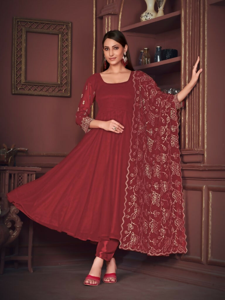 Jyoti Fashion Women's Maroon Georgette Embroidered Anarkali Kurta Pant Set With Dupatta | Grocsy