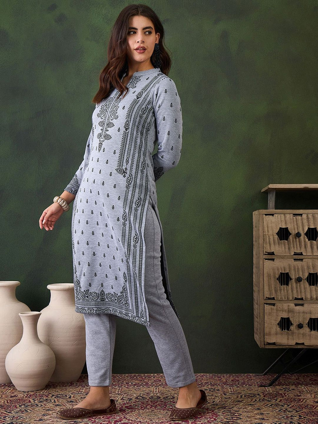 Sangria Self Design Winter Kurta & Trouser | Grocsy