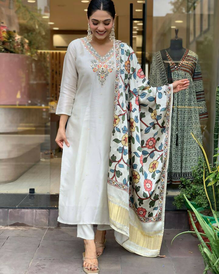 The52 Off White Women's Gorgeous Embroidered Viscose Chanderi Fabric Straight Kurta Pant with Dupatta Set | Grocsy