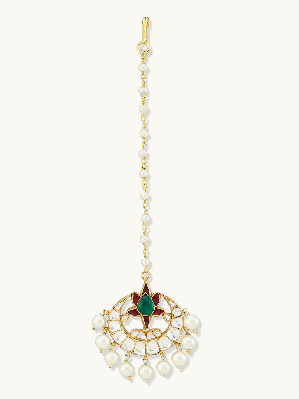 Nuyug 22K Gold-Plated Green Stone & Kundan Studded with Pearl Drop Maang Tikka Head Jewellery | Grocsy