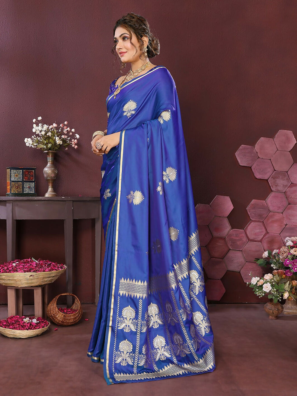 Joban Fashion Royal blue Floral Motifs Banarasi Silk Sarees | Grocsy