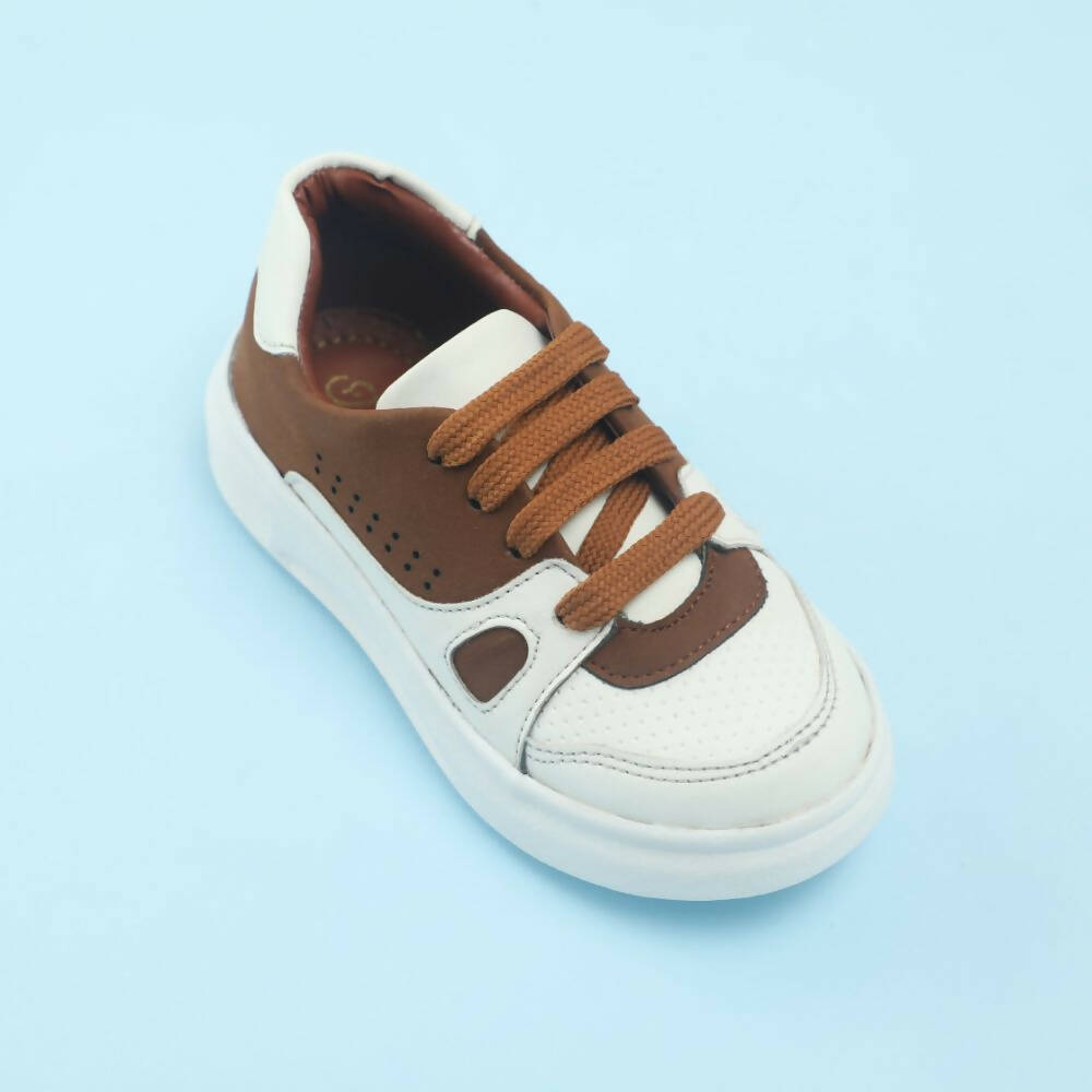 Tiny Bugs Boys Lace Up Casual Shoes - White & Brown | Grocsy