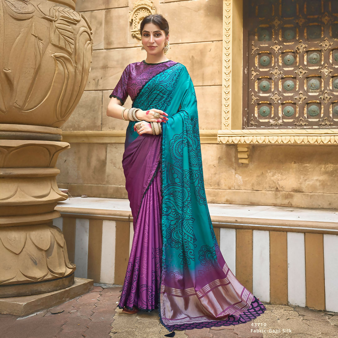 Purple & Blue Gajji Silk Pure Handwork Saree With Unstitched Blouse - Norita Gajri | Grocsy