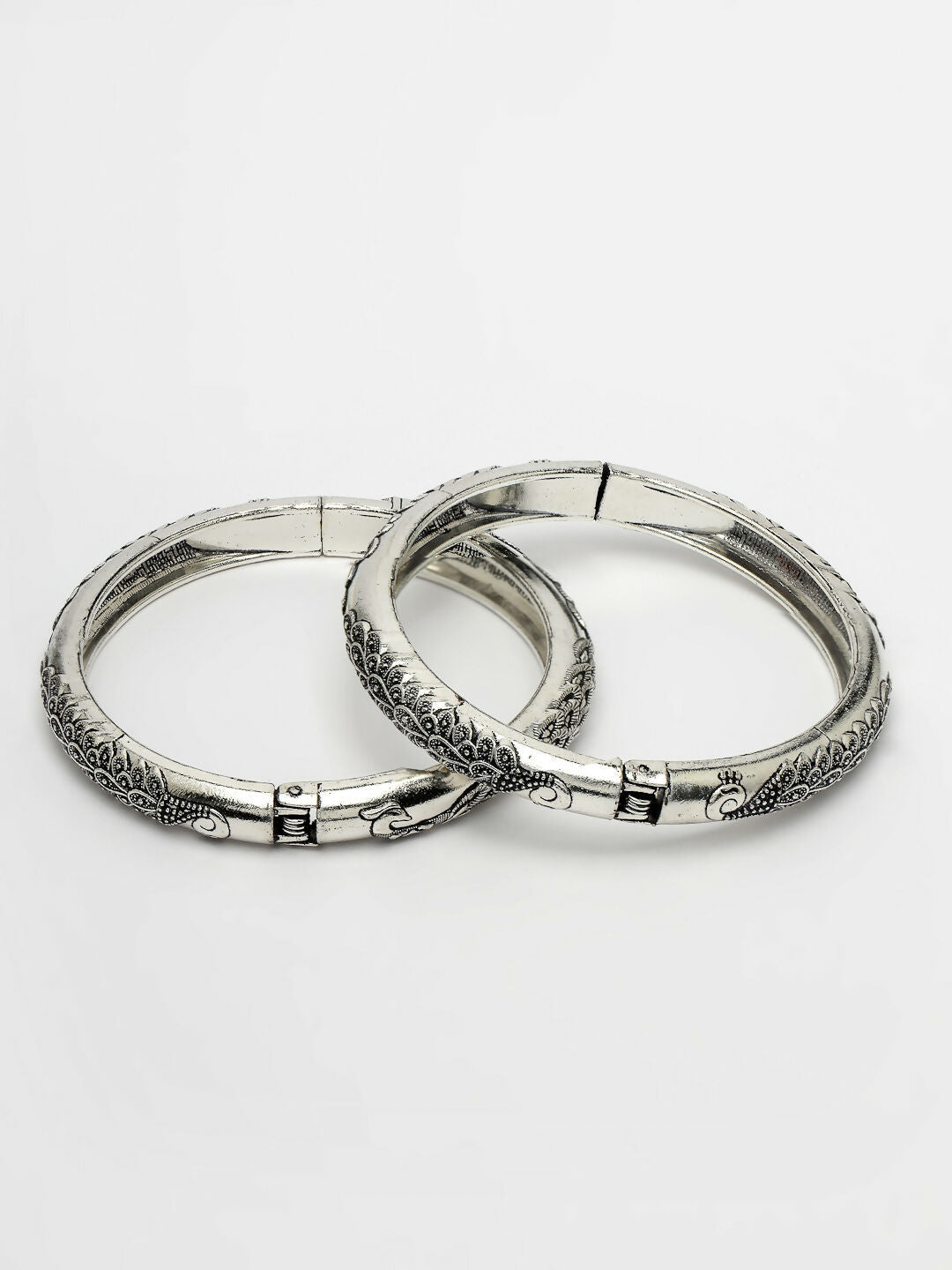 NVR Women's Silver-Toned German Silver Peacock Design Oxidised Kada Bangle