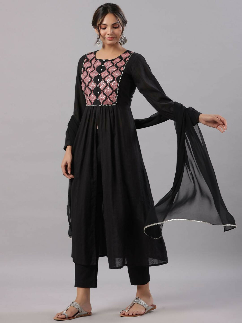 Juniper Women's Black Cotton Dobby Solid With Embroidery Flared Kurta Sets | Grocsy
