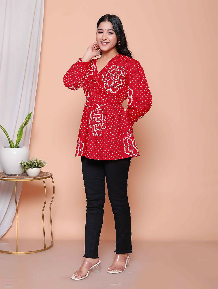 Miravan Womens Red Bandhani Printed Cotton Butterfly Design Top | Grocsy