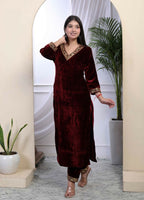 Miravan Women's Maroon Velvet Sequence Work Straight Kurta With Palazzo | Grocsy