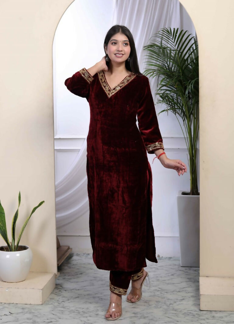 Miravan Women's Maroon Velvet Sequence Work Straight Kurta With Palazzo | Grocsy