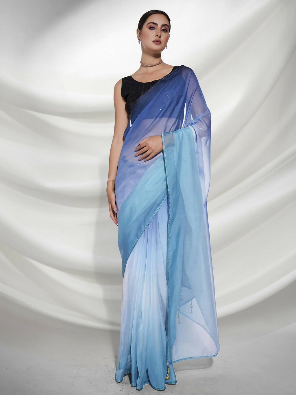 Blue Organza Solid Saree With Unstitched Blouse Piece - Shanaya | Grocsy