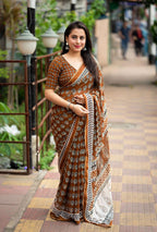 Mustard Poly Georgette Ajrak Saree with Unstitched Blouse - Hiral Fashion | Grocsy