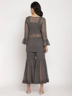 Ahalyaa Women Charcoal Grey Poly Chiffon Angrakha Kurta with Inner & Sharara | Grocsy