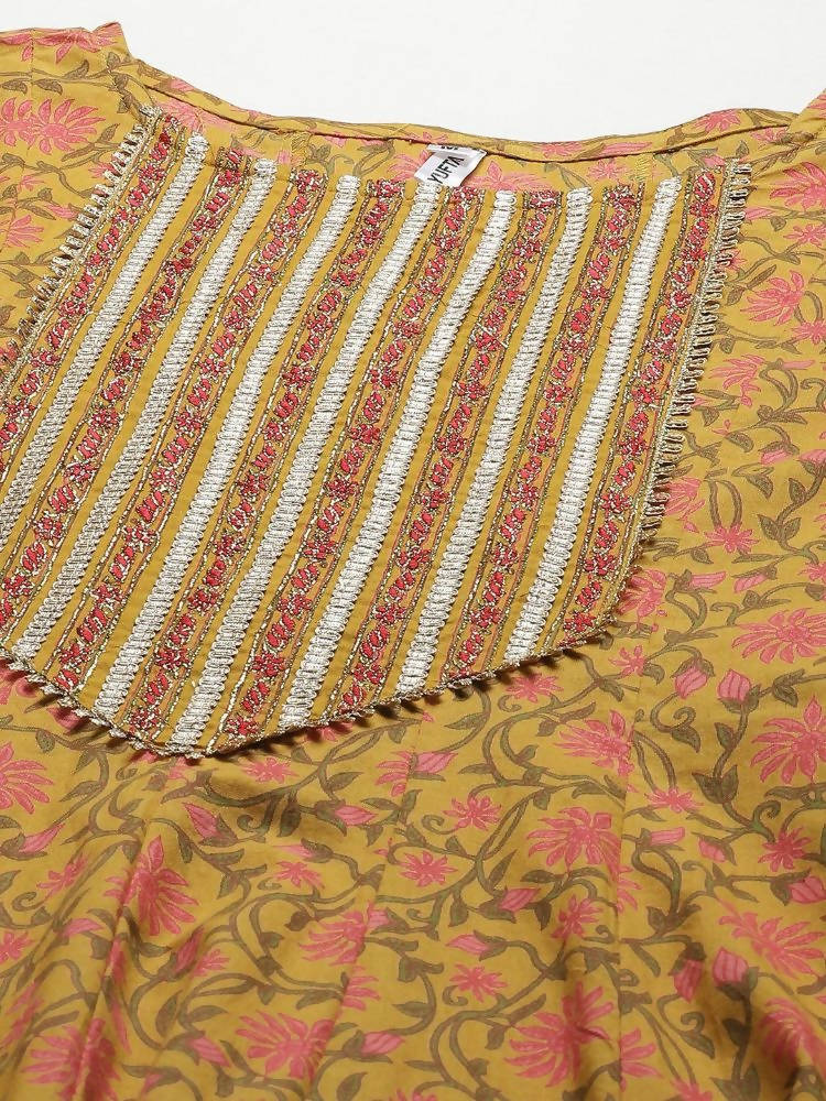 Yufta Yellow Printed kurta with Trouser Dupatta Set | Grocsy