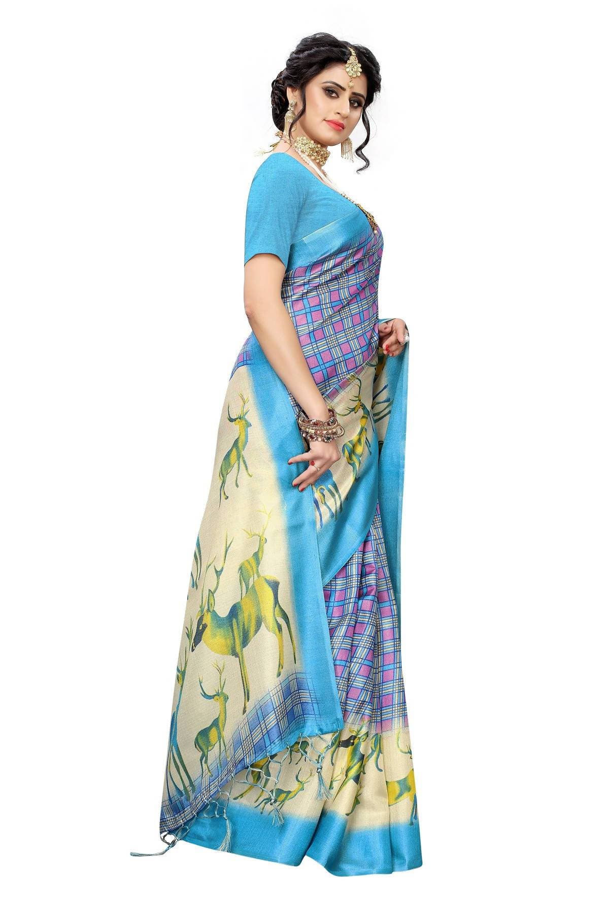 Vamika Multicolor & Sky Blue Kalamkari With Jhalar Khadi Silk Saree | Grocsy