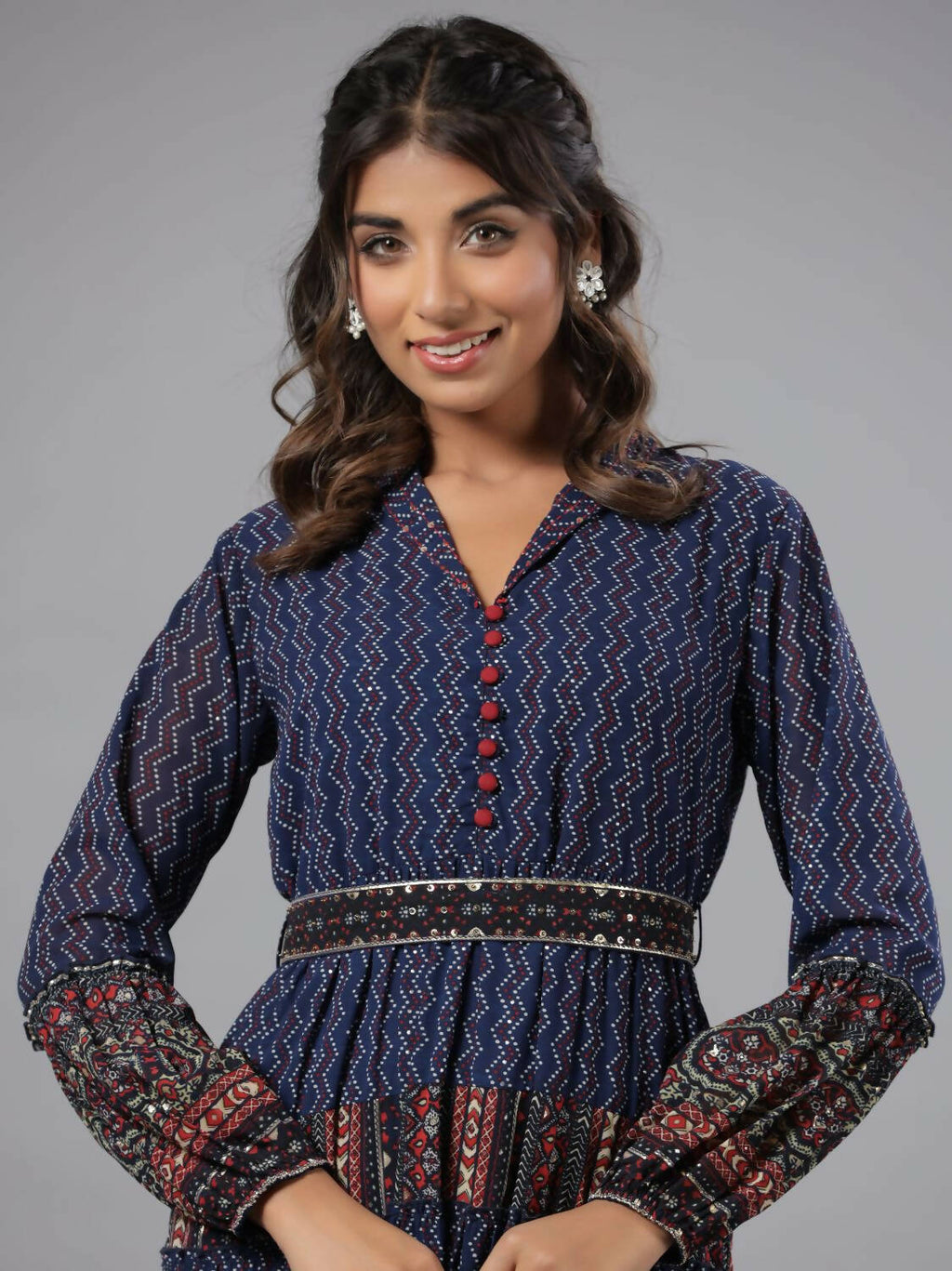 Juniper Women Navy Blue Georgette Printed Tiered Maxi Dress | Grocsy