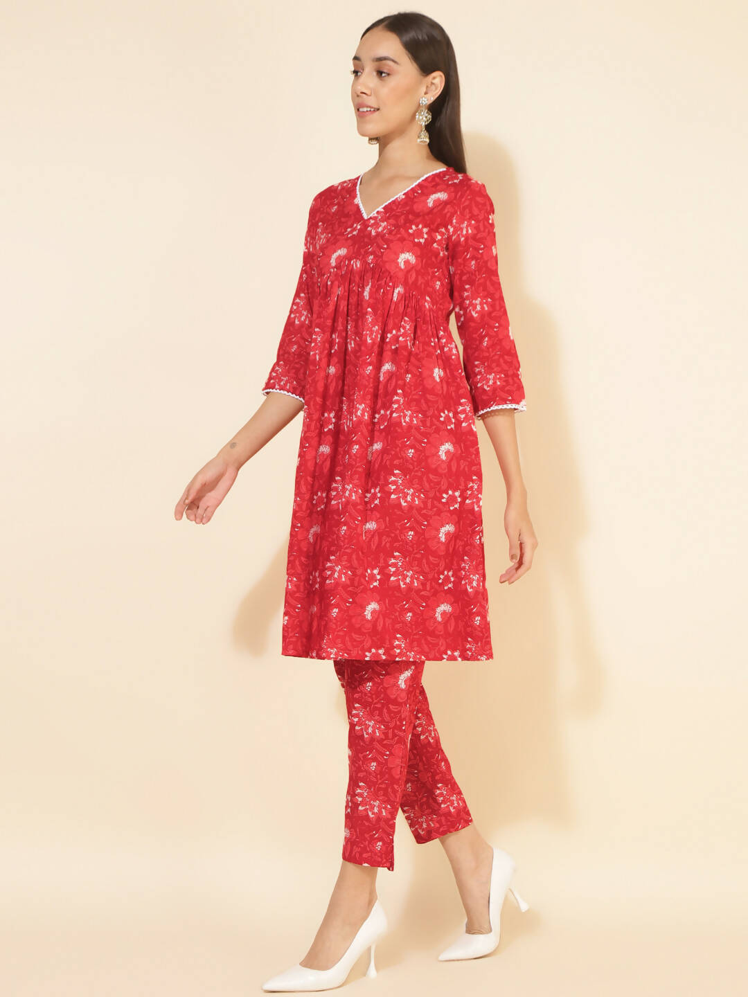Janasya Women's Red Cotton Floral Printed Casual Flared Co-ords | Grocsy
