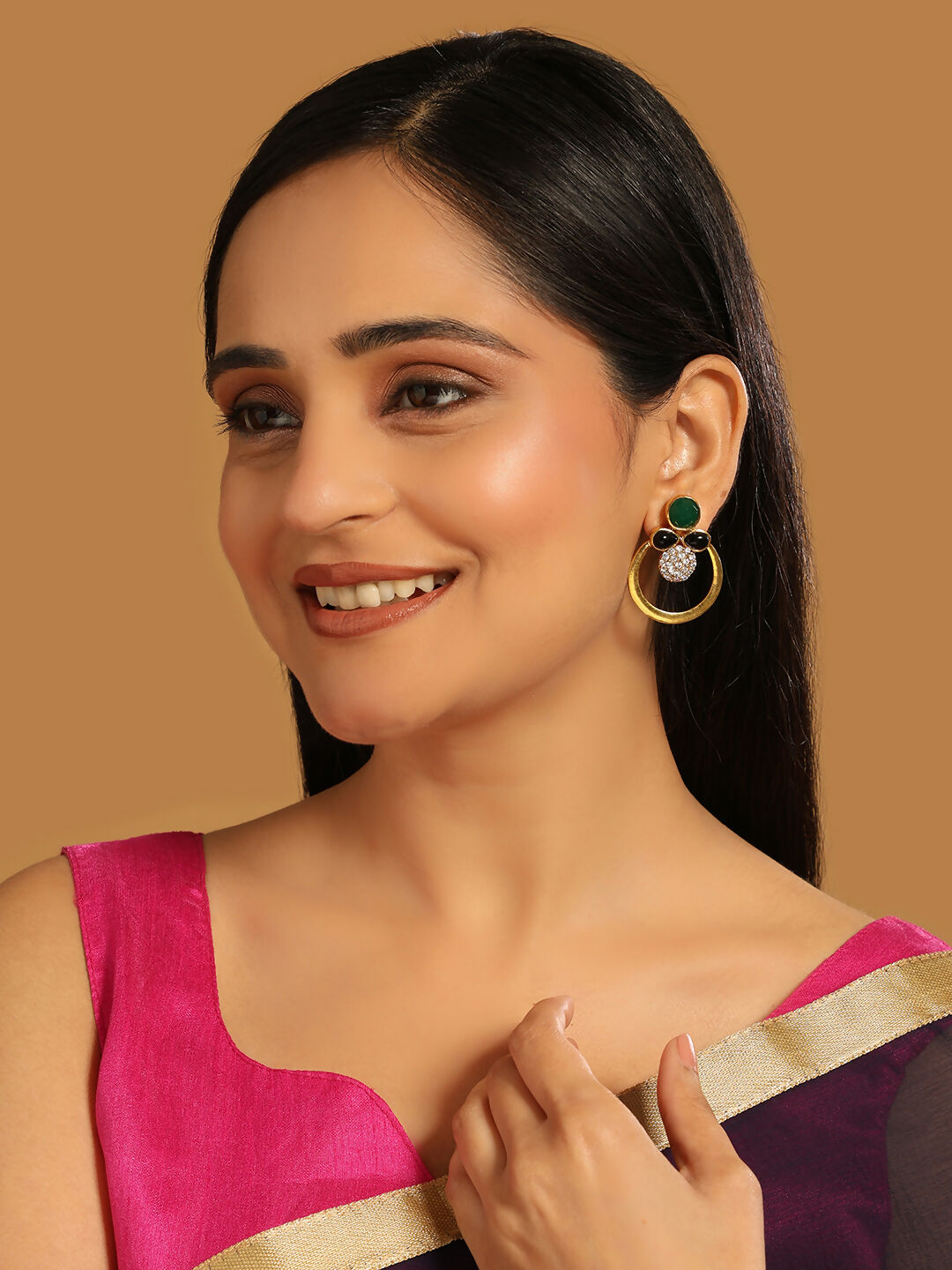 Nuyug 22K Gold Plated Cubic Zirconia Studded Contemporary Stone Earrings | Grocsy