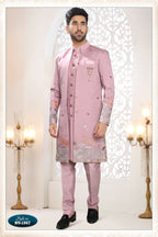Joban Fashion Men's Pink Straight Silk Thread And Sequence Embroidery All Over 3 Pc Kurta Set | Grocsy