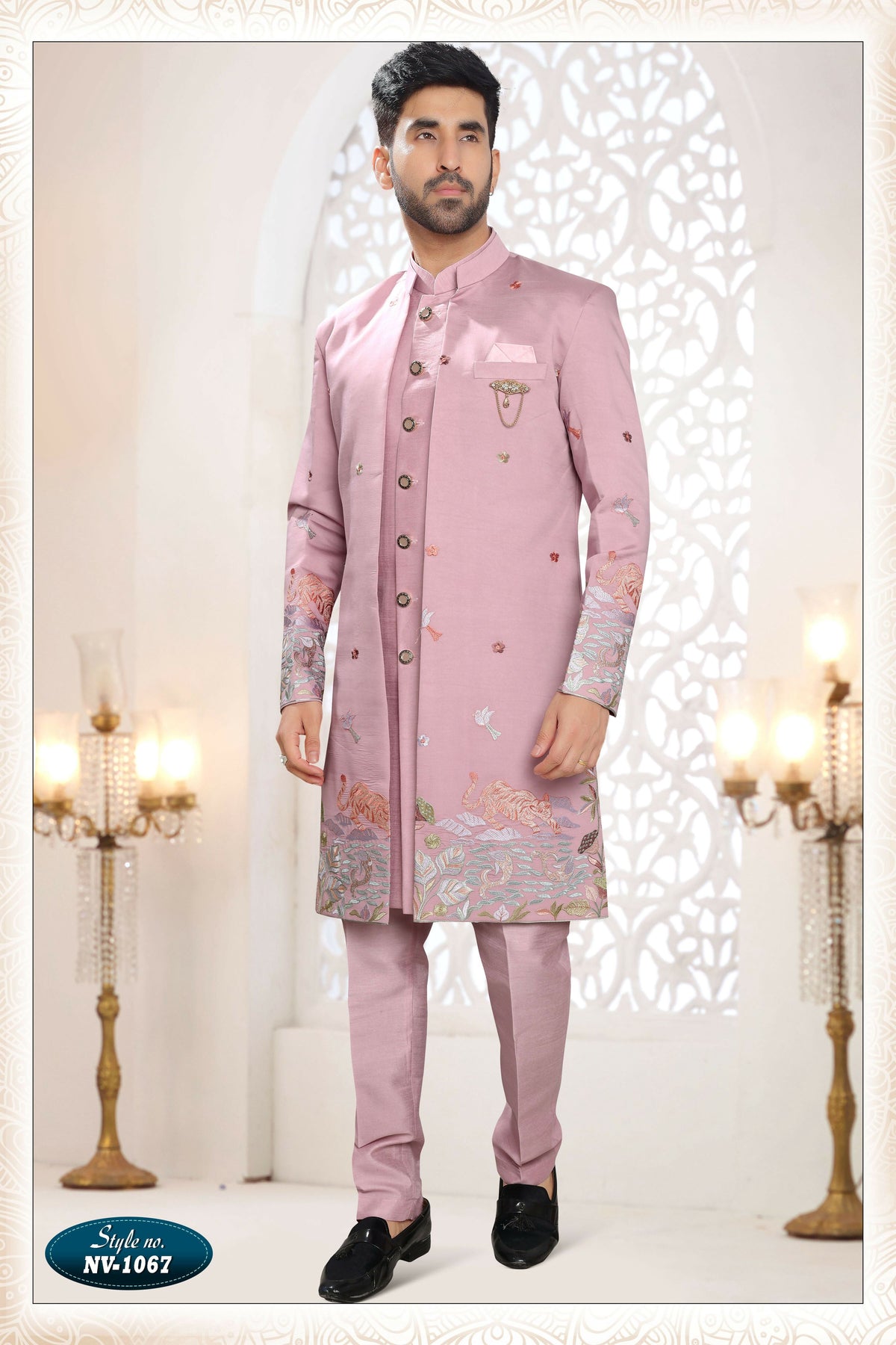 Joban Fashion Men's Pink Straight Silk Thread And Sequence Embroidery All Over 3 Pc Kurta Set | Grocsy