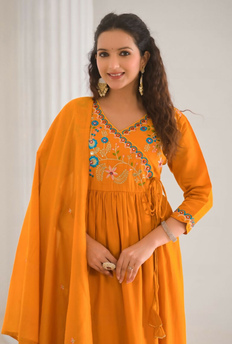Ethnic Festive Wear Viscose Chanderi orange Stitched Suit With Dupatta - Tanisha | Grocsy