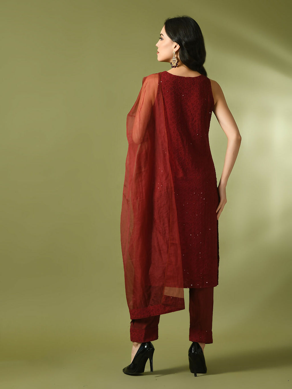 Myshka Women's Maroon Embroidered Cotton Straight Party Kurta Set With Dupatta | Grocsy