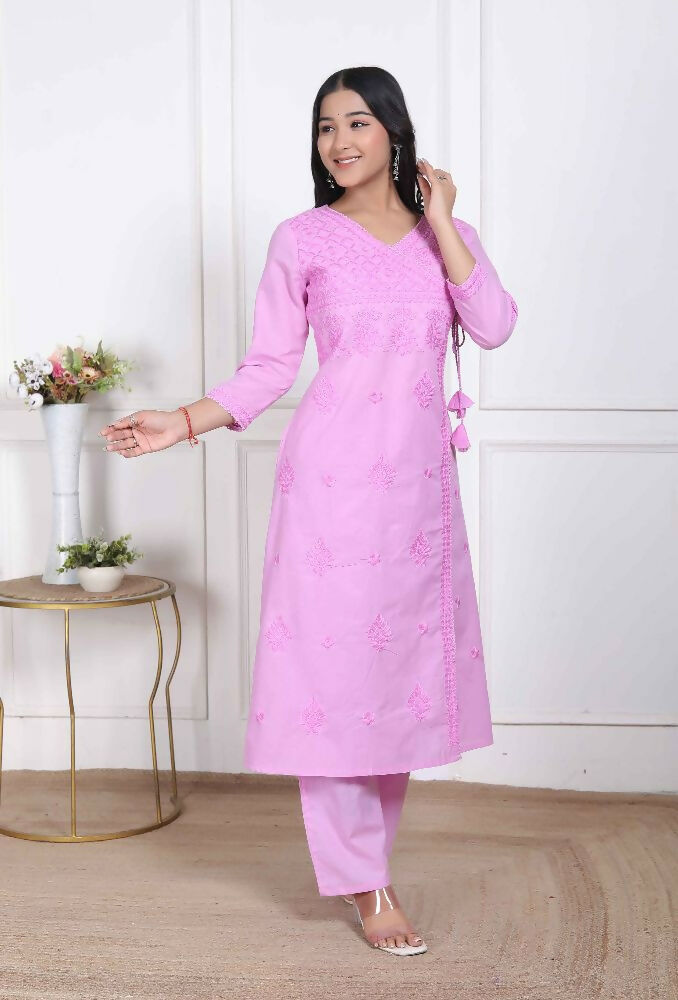 Miravan Womens Pink Lucknowi Angrakha Style Kurta With Palazzo | Grocsy