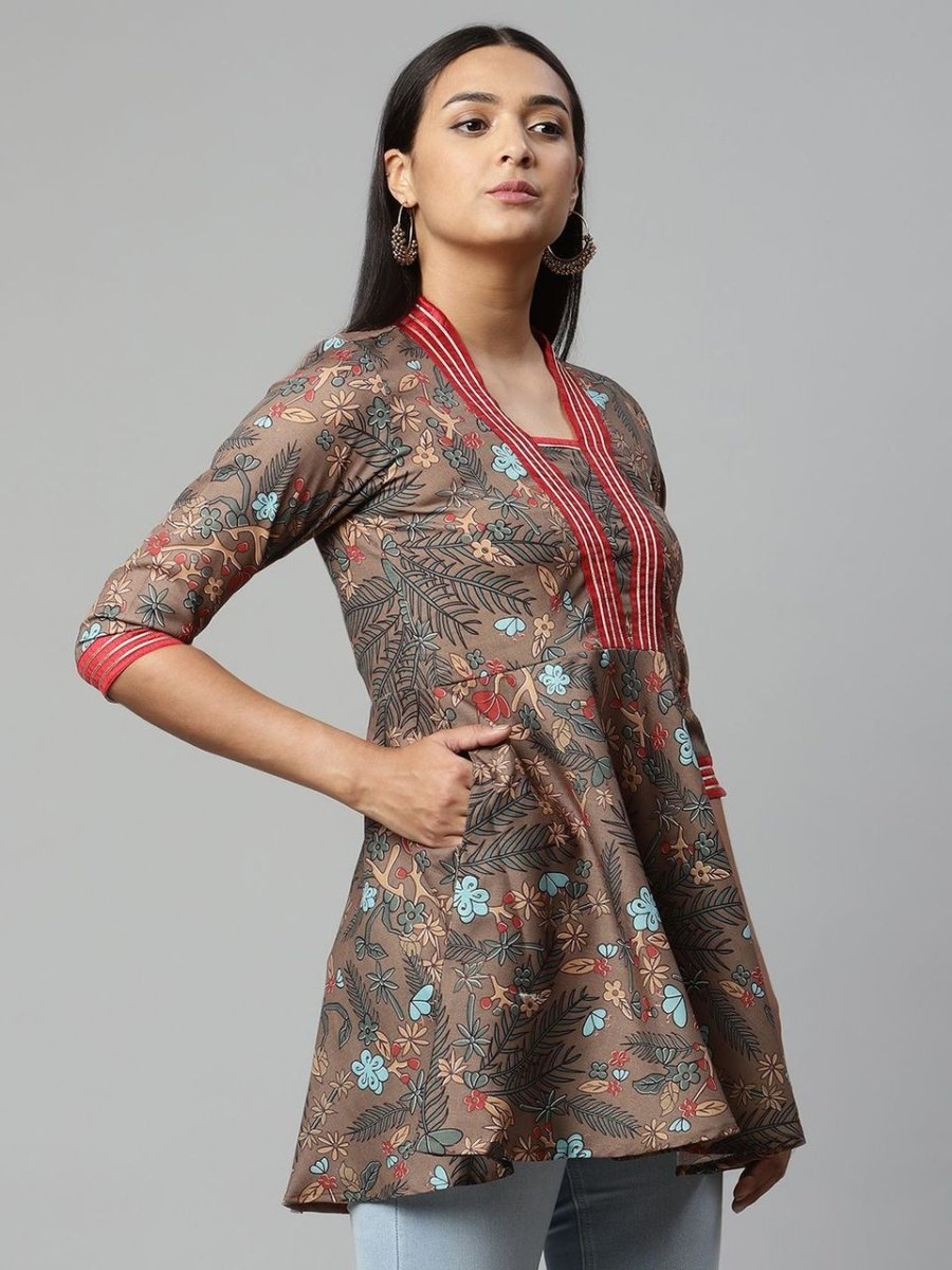 Ahalyaa Women Brown Cotton Digital Printed Tunic | Grocsy