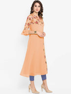Janasya Women Peach-Coloured & Green Floral Printed Bell Sleeves Kurta | Grocsy