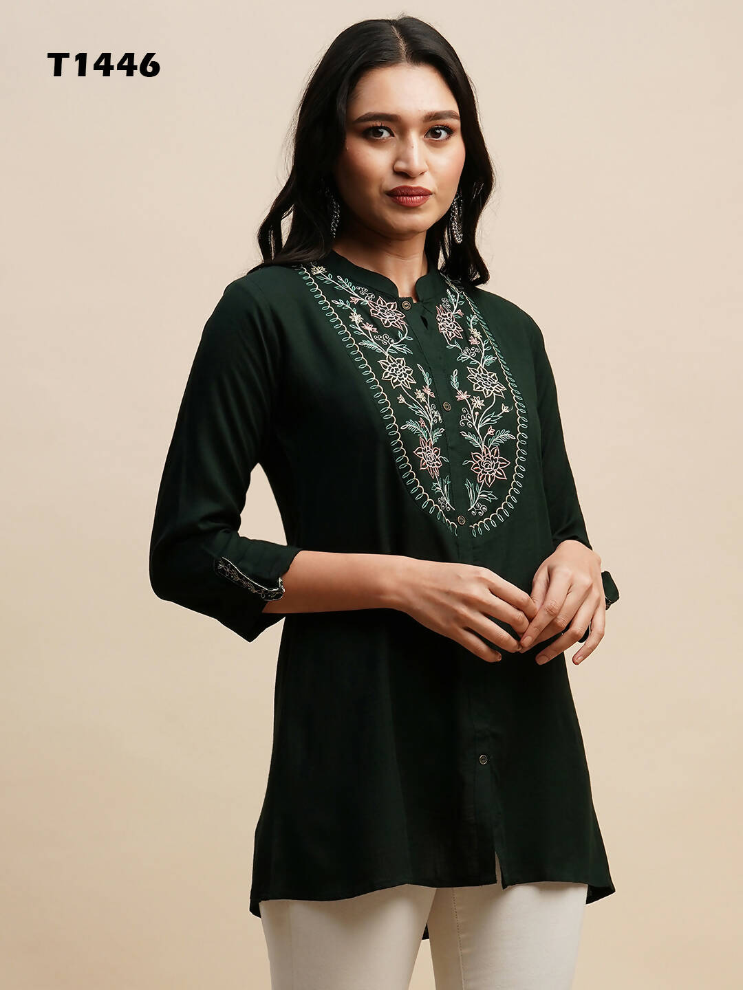 Dark Green Rayon Embroidered Top - Tarini | Grocsy