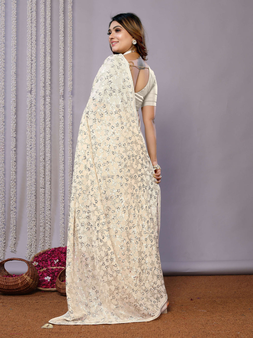 White Pure Georgette Embroidered Saree With Stitched Blouse - Nimaya Kaksha | Grocsy
