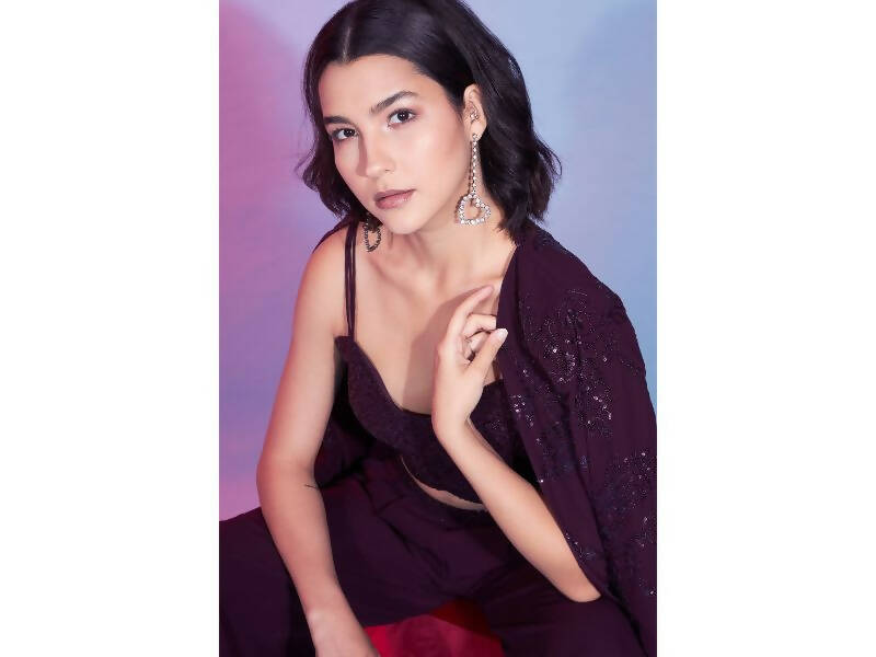 Maroon Georgette Sequence With Thread Designer Co-Ord Set - Flory | Grocsy