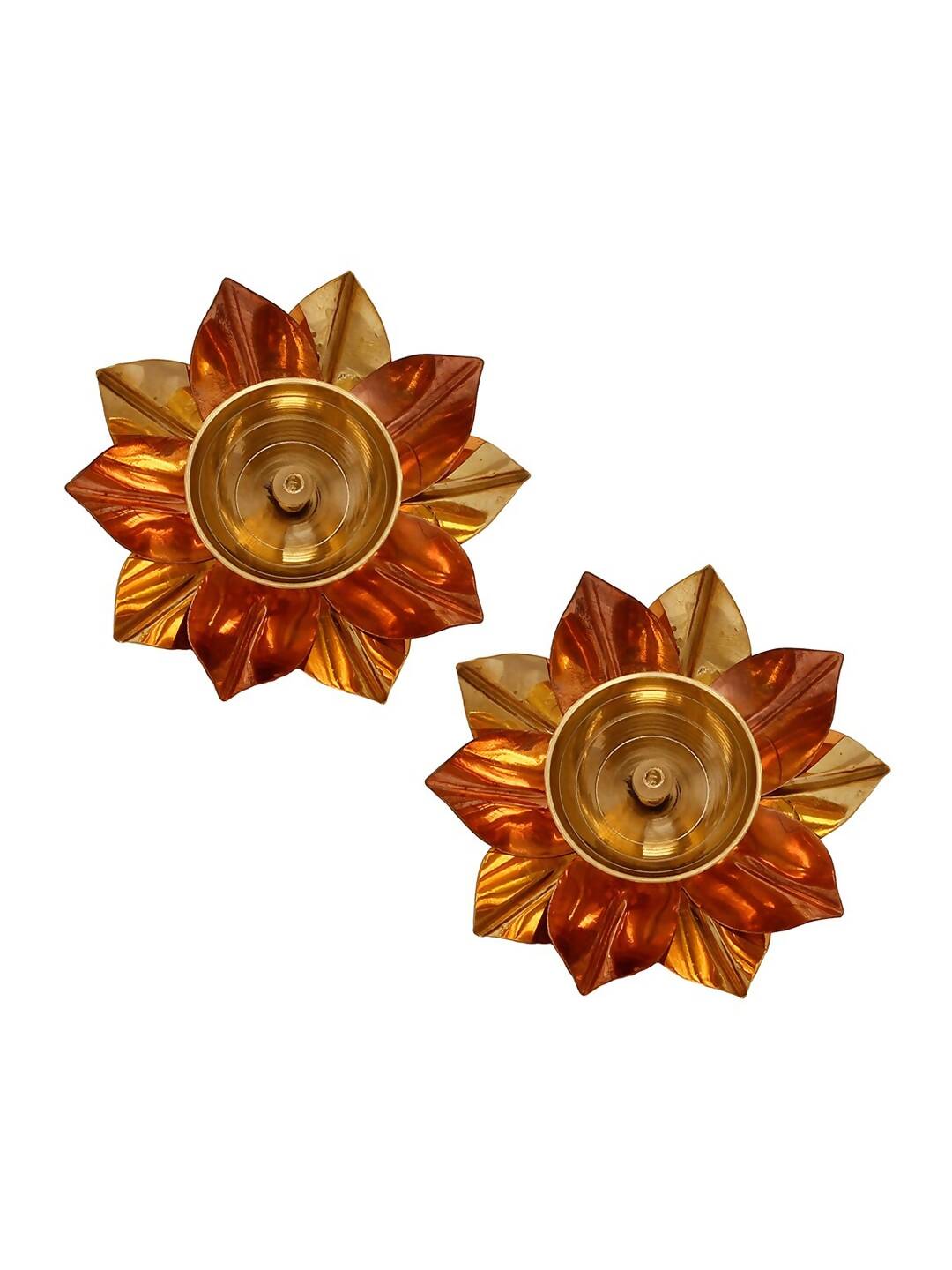 eCraftIndia Brown & Gold-Toned 2 Pcs Floral Shape Metal Diyas | Grocsy