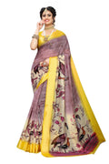 Vamika Yellow Linen Digital Print with Satin Border Saree | Grocsy