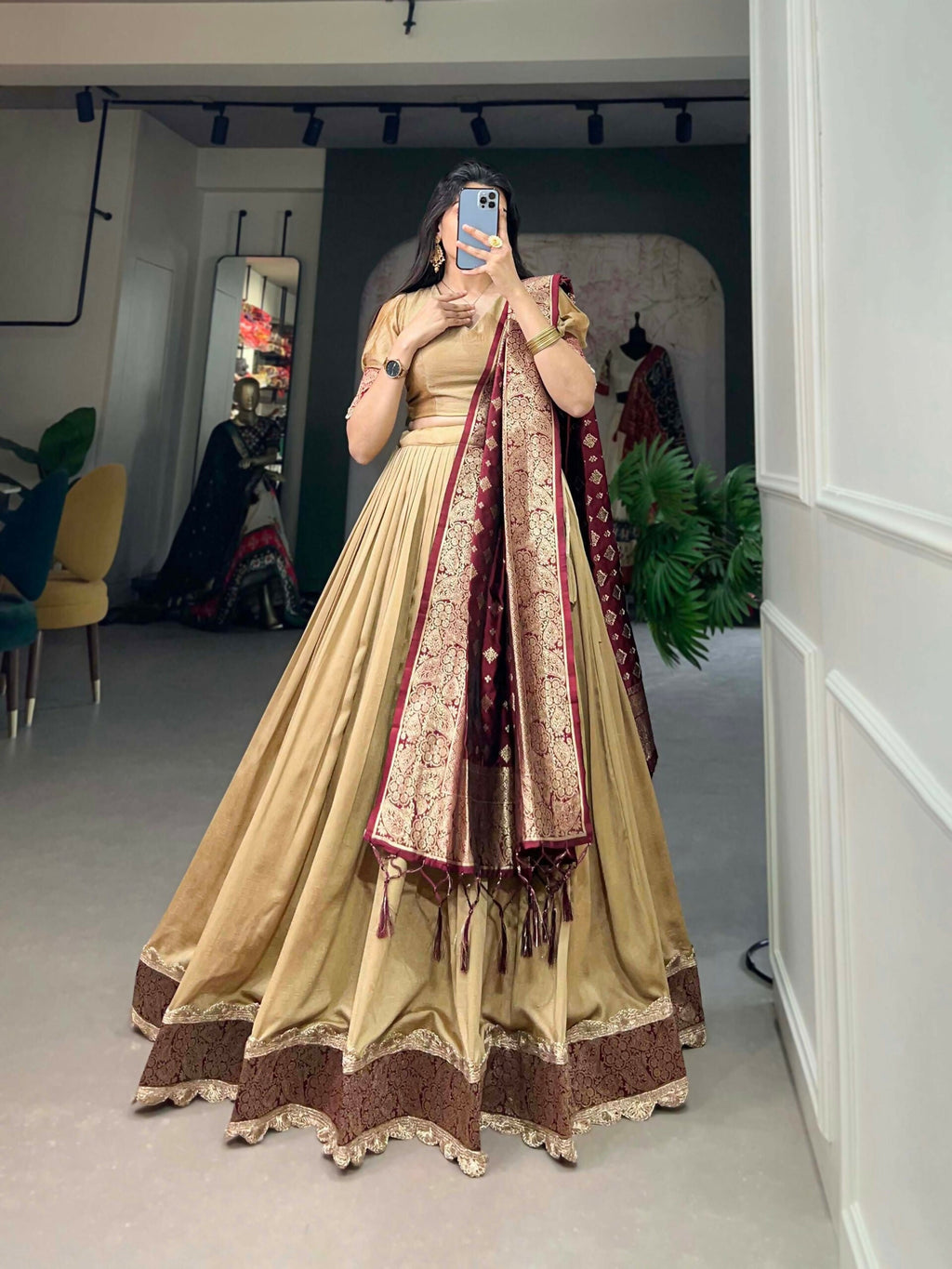 Vastranavya Traditional Jacquard Vichitra Silk Lehenga Choli - Chiku | Grocsy