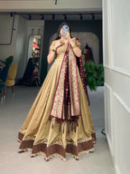 Vastranavya Traditional Jacquard Vichitra Silk Lehenga Choli - Chiku | Grocsy