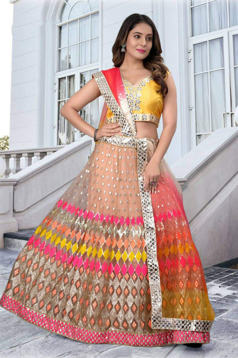 Jyoti Fashion Multicolor Mirror & Sequence Embroidery Butterfly Net Lehenga Choli with Dupatta | Grocsy