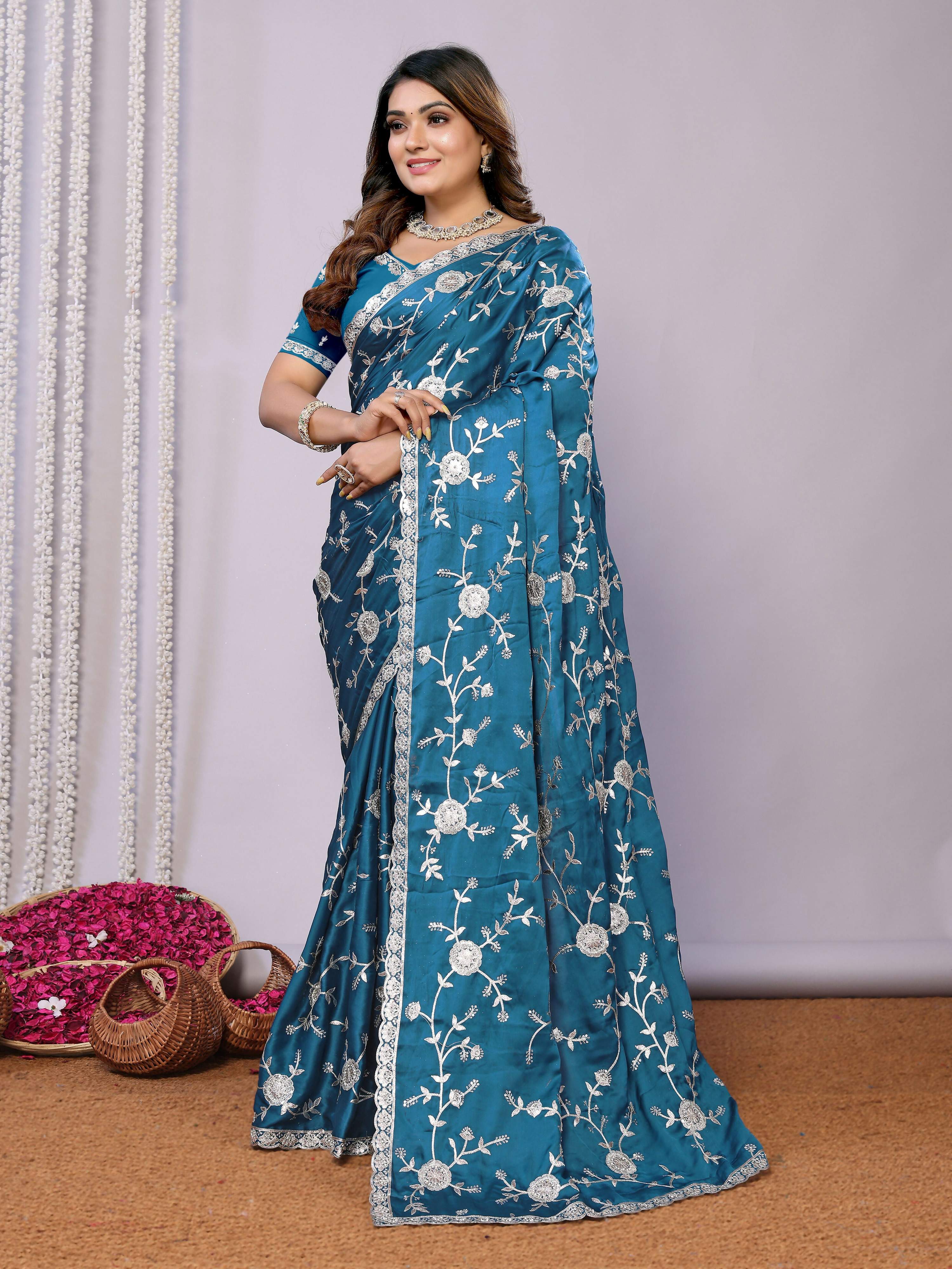 Blue Pure Satin Embroidered Saree With Stitched Blouse - Nimaya Kaksha | Grocsy