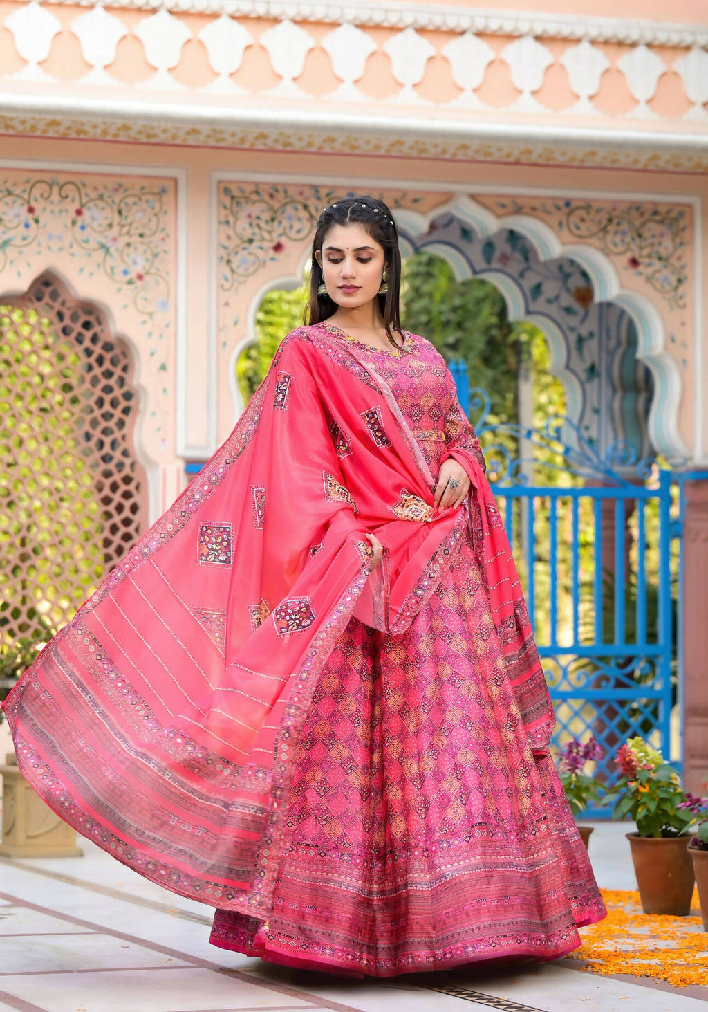 Functional Designer Dark Pink Dola Silk Anarkali suit with Dupatta - Ramya | Grocsy