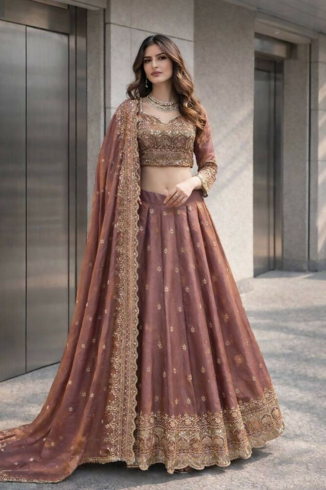 Teeya Creation Onion Color Fendy Satin Heavy Embroidery Work Wedding Wear Stitched Lehenga Choli | Grocsy