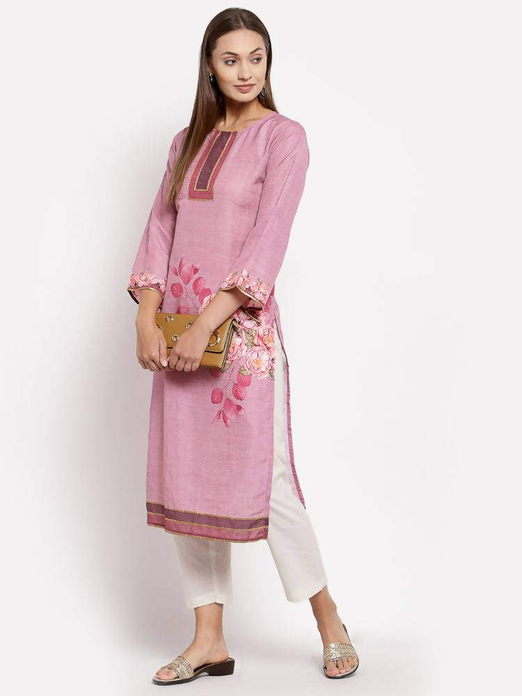 Myshka Women's Pink Cotton Printed Full Sleeve Round Neck Casual Kurta | Grocsy