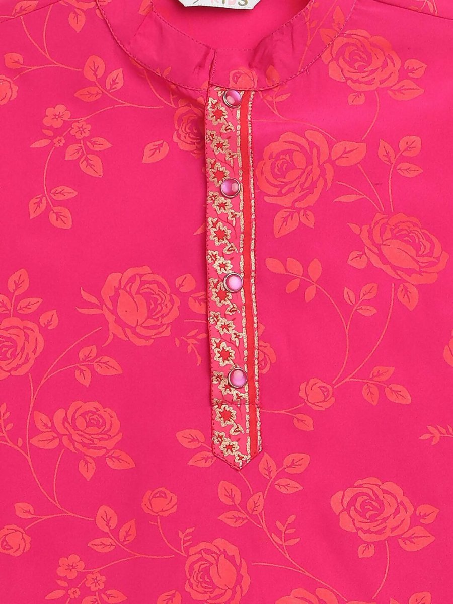 Ahalyaa Pink Crepe Orange Khari Print Kids Kurta Churidar Set For Boys | Grocsy