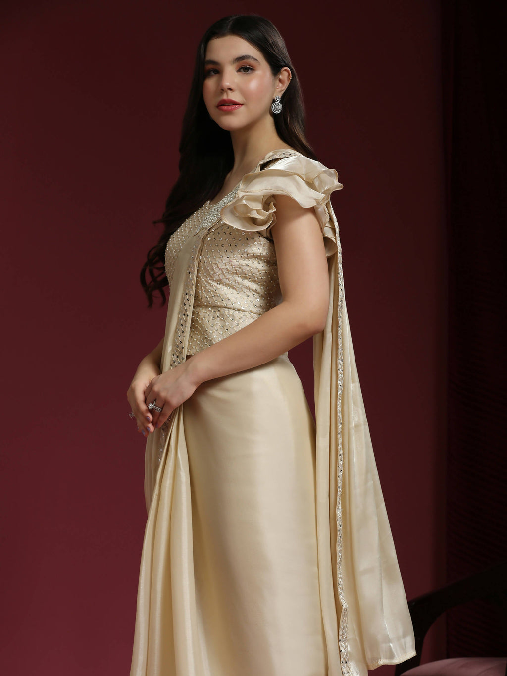 Beige Silk Satin Sequence Work Ready to Wear Saree with stitched Blouse - Nirvana | Grocsy