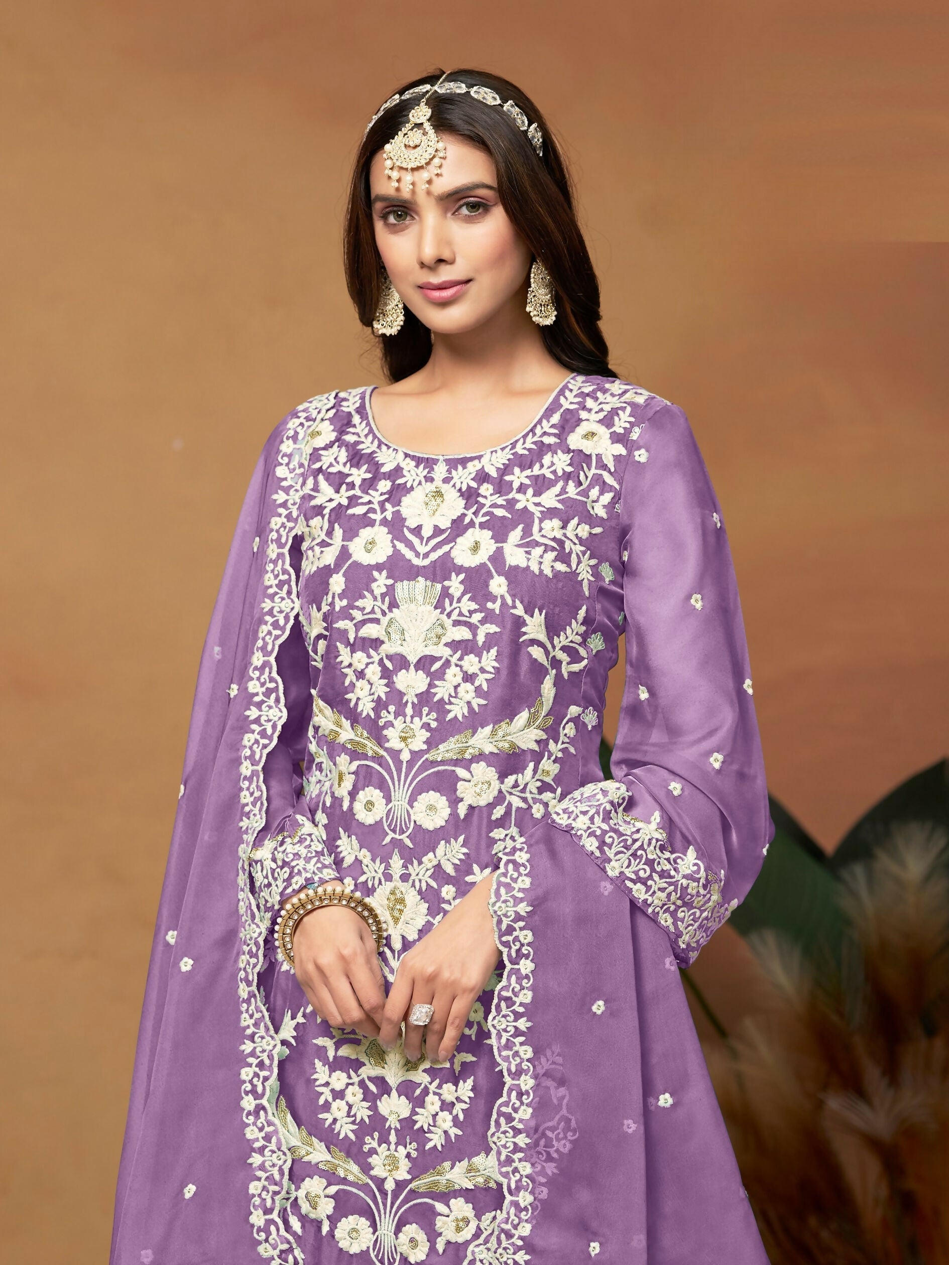 Anaita Lavender Embroidered Soft Organza Salwar Suit | Grocsy